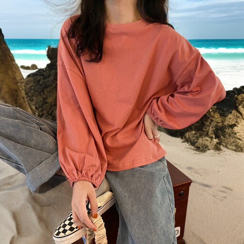 여성 얇은 맨투맨 가을 날씬해 보이는 루즈핏 벌룬 소매 긴팔 티셔츠 맨투맨 여성 맨투맨