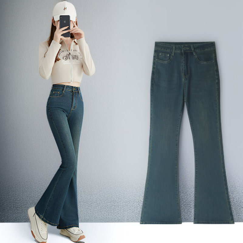 小さめハイウエストワイドジーンズ女性春春スリム細めマイクロフレアワイドパンツ