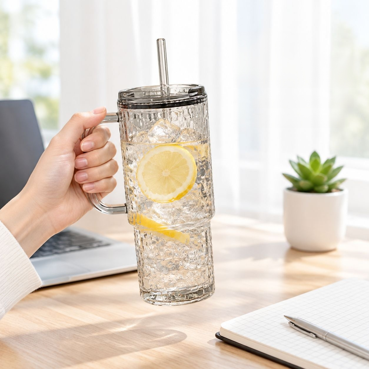 Portable Large Glass Cup with Straw and Handle