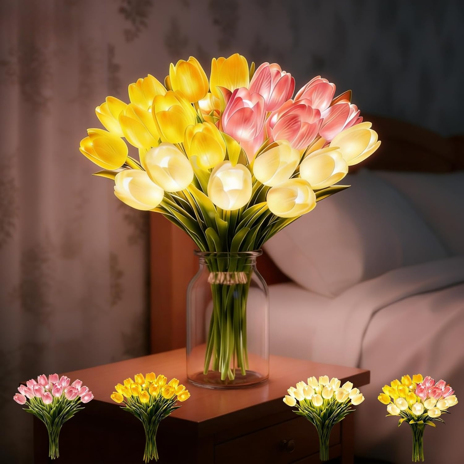 バレンタインデーチューリップ発光手持ち花束家庭装飾ミックスカラー撮影用フェイクフラワー