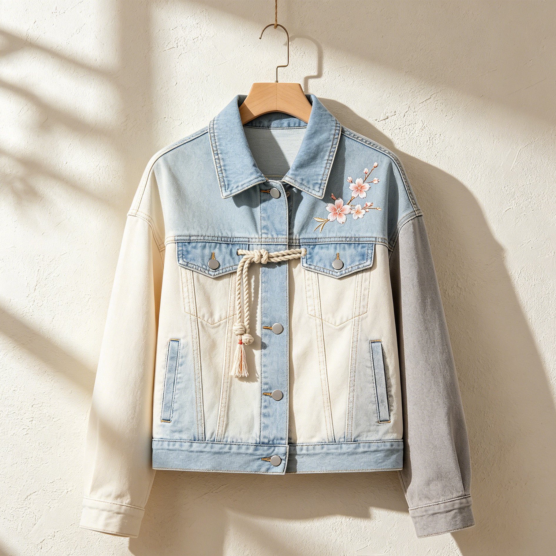 ライトブルーパッチワークデニムジャケット 少女らしいライトブルーのデニムパッチワークジャケット、桜の刺繍入り