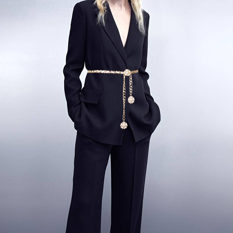 ファッション椿花ウエストチェーン、黒白調節可能な細ベルト、スーツ女性用アクセサリー