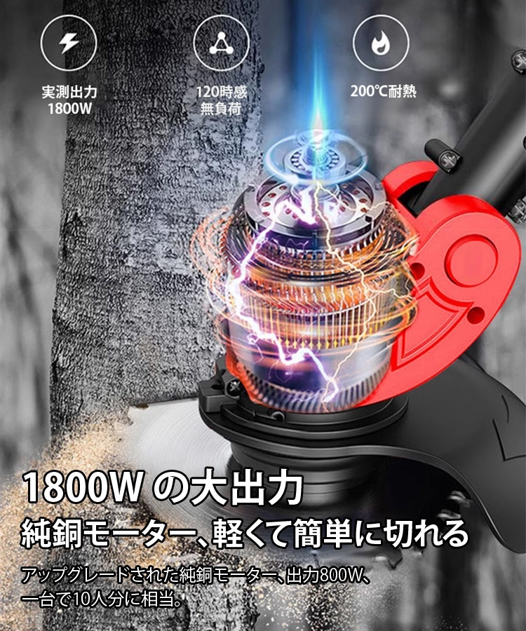 ドイツ輸入【木も切れる草刈機】毎分18000回転の銅製ブラシレスモーター、20センチの木も楽々切断