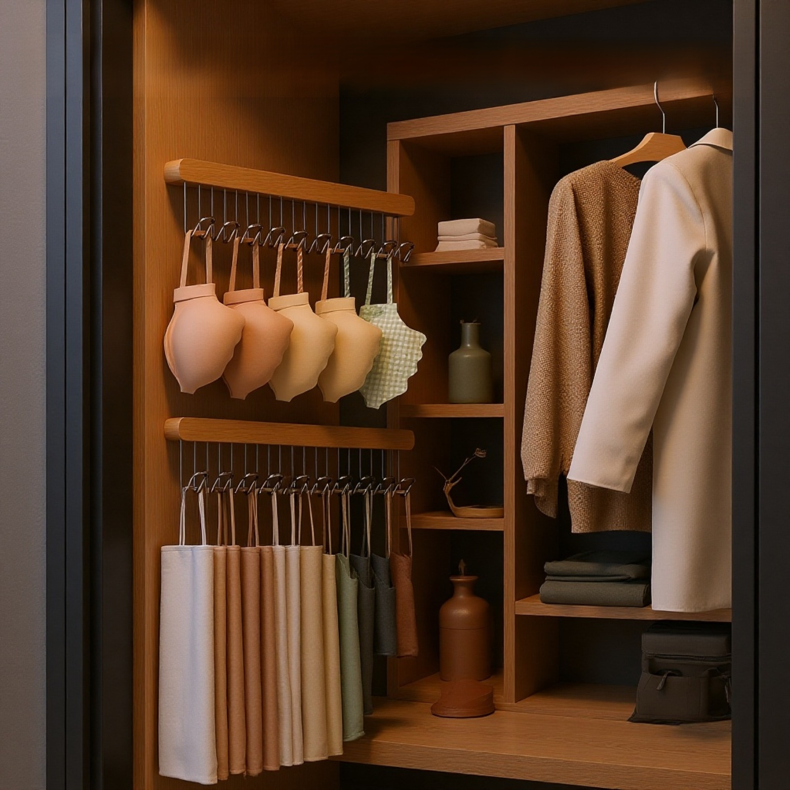 多機能波型ハンガー引き出し式木製ラック