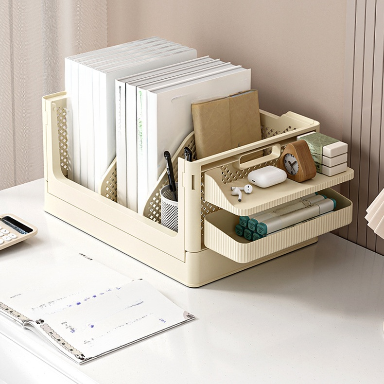 キャスター付き多機能プラスチック収納バスケット 折りたたみ式デスク整理ボックス