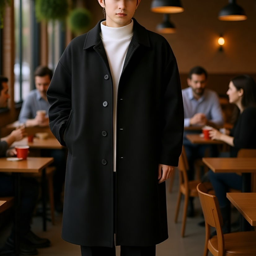 Férfi gyapjú szövet kabát, duplán hordható, hosszú, térdig érő, őszi-téli japán divat