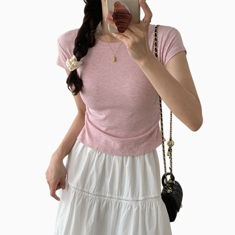 小柄女性向けソルトスタイル肩正しいフリル袖トップス・夏のドーパミンコーデ・スリム見えデザイン丸首シャツ