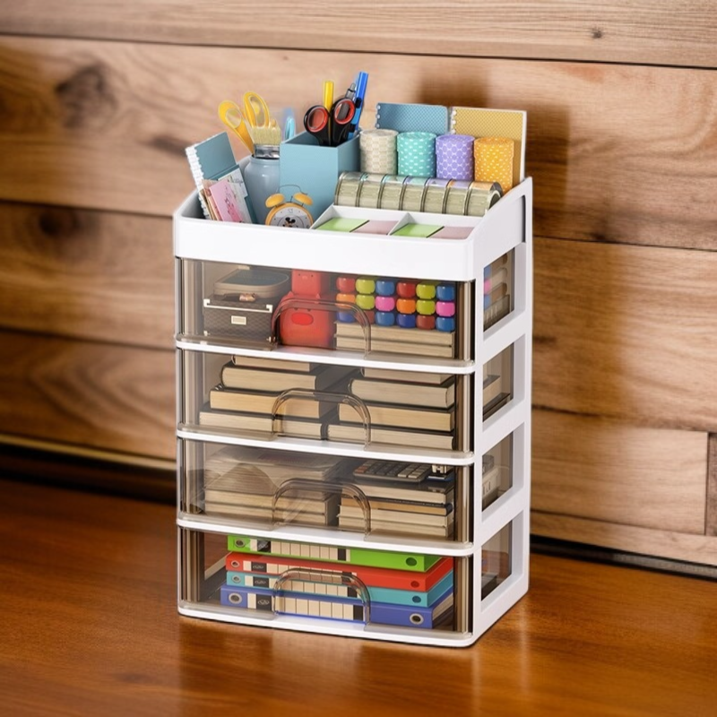 서랍을 열어본 데스크탑 수납장 내부