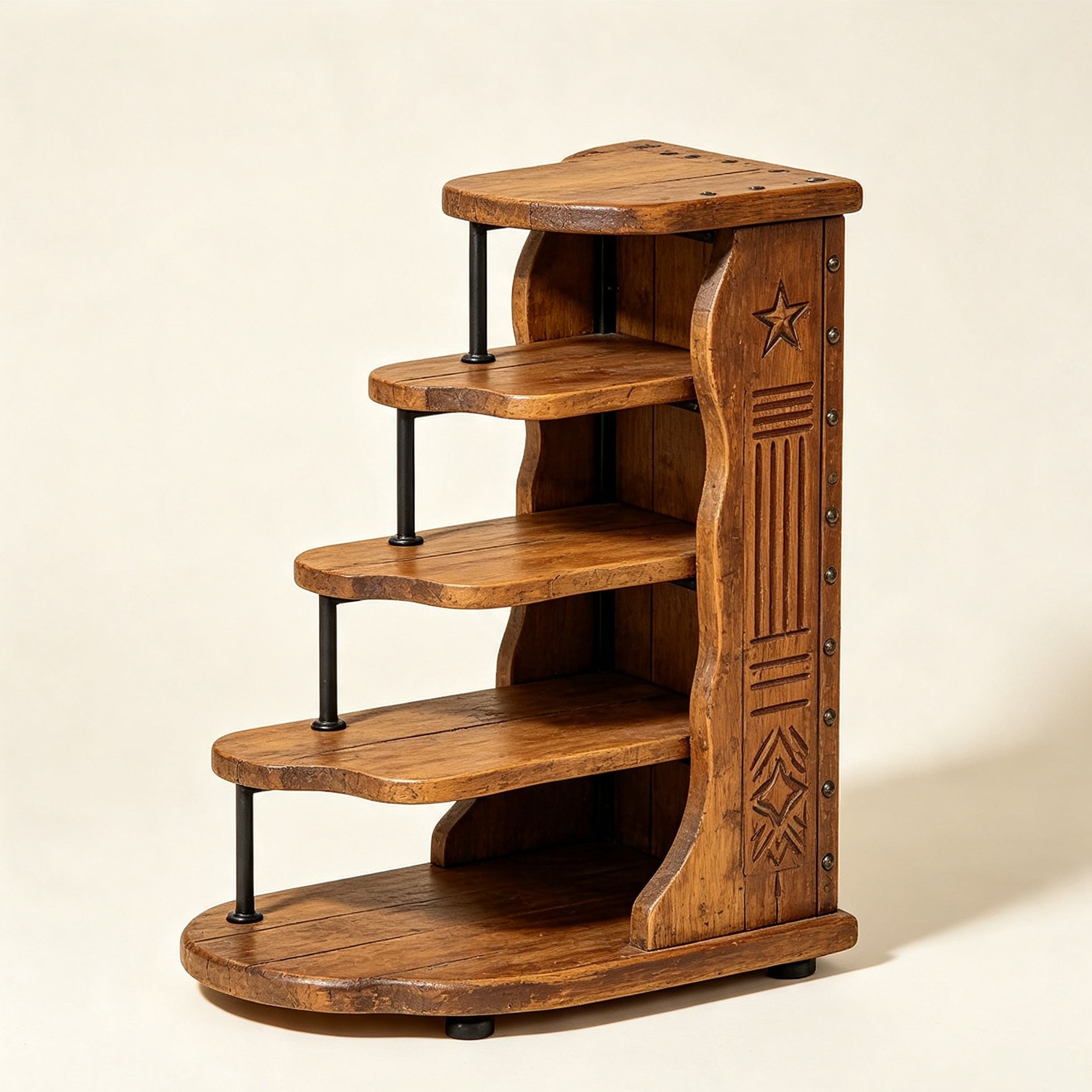 Side view of stepped solid wood storage shelf