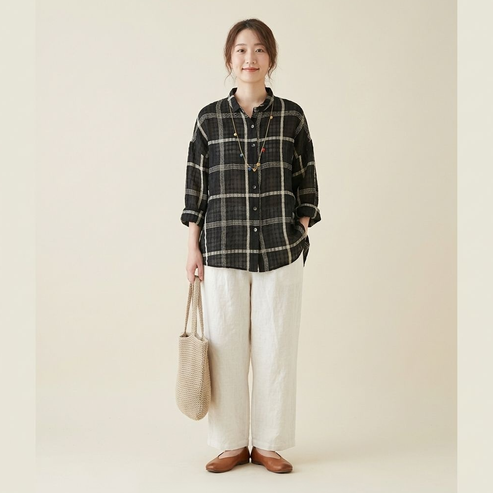 カジュアル文芸チェック柄ゆったりリネンシャツ