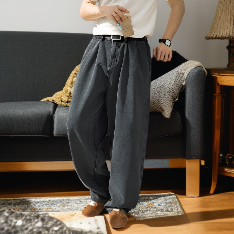 レトロ快適カジュアル メンズカーブドジーンズ 軽量ストレートパンツ