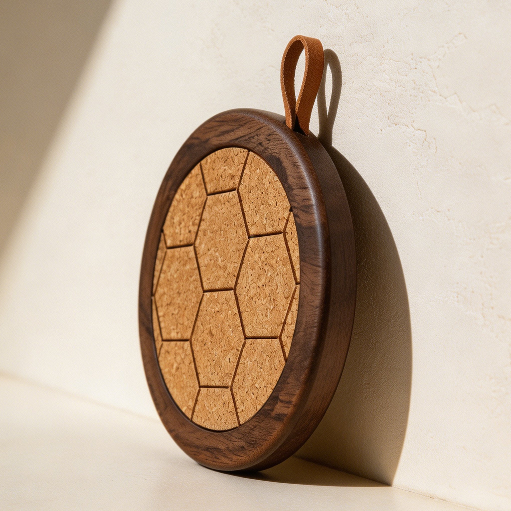 Set aus 5 hitzebeständigen Untersetzern aus Naturholz auf einem Holztisch
