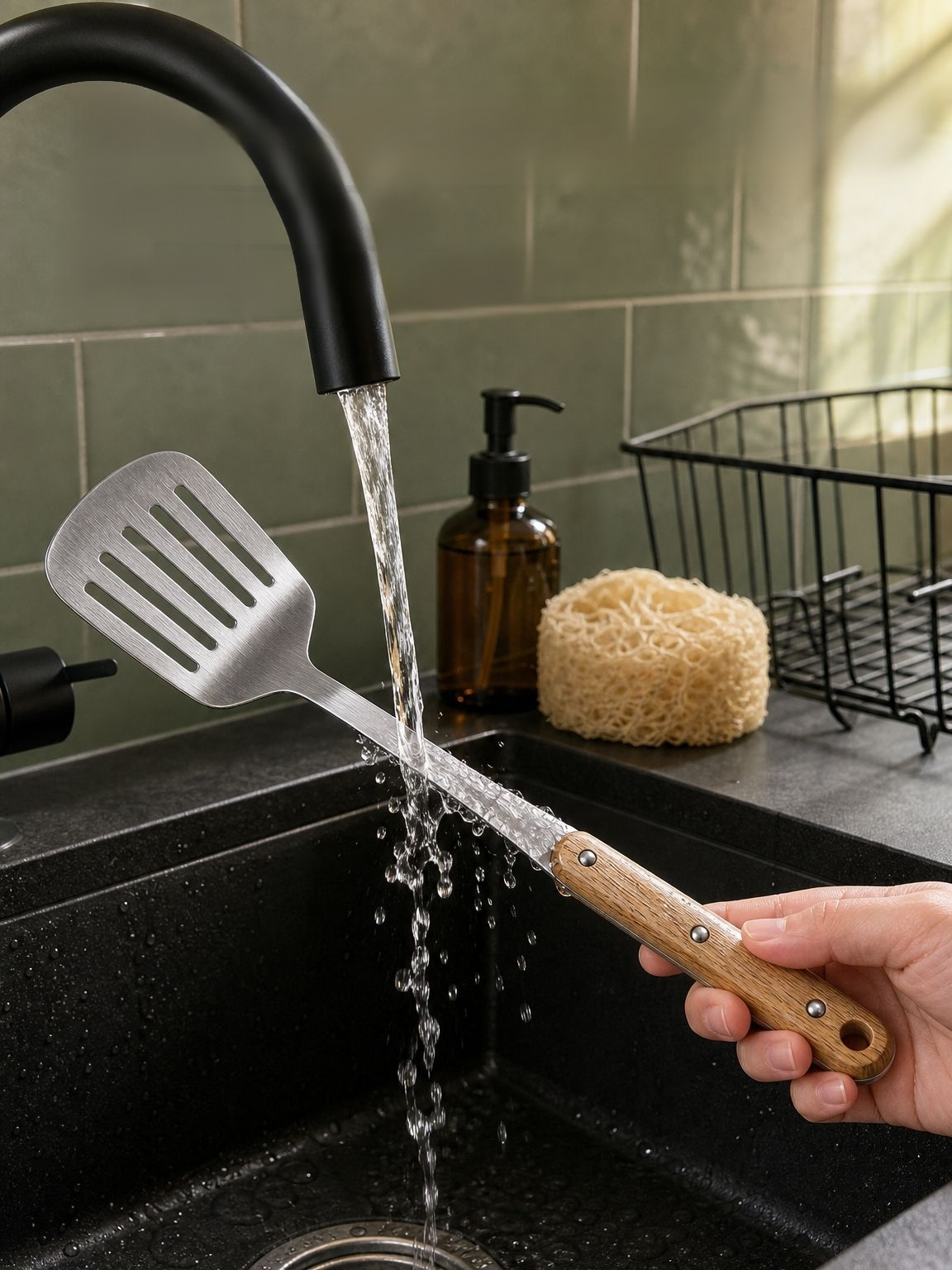 Stainless steel spatula designed for frying pan cooking