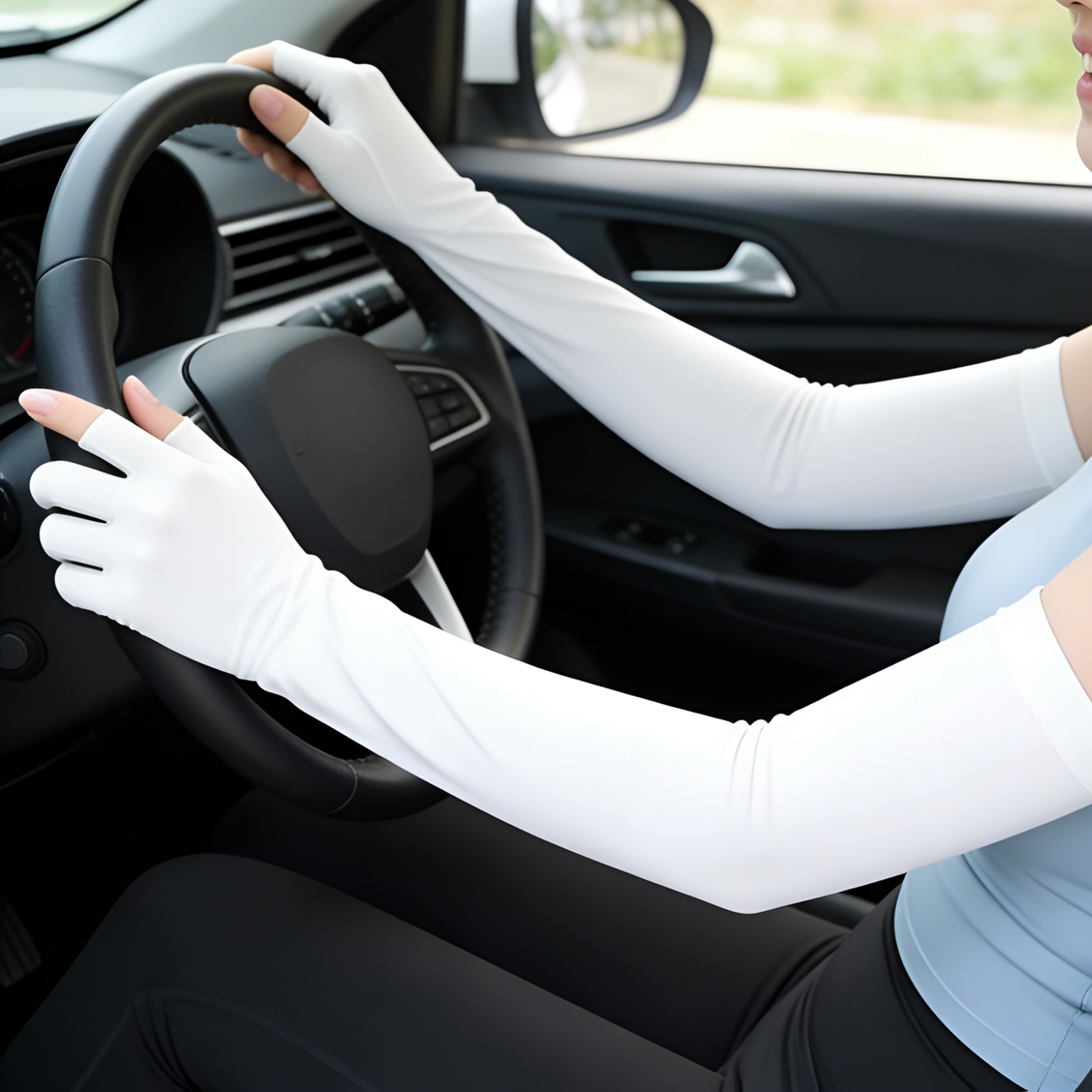 女士戶外翻指觸控螢幕長版防曬冰絲袖套