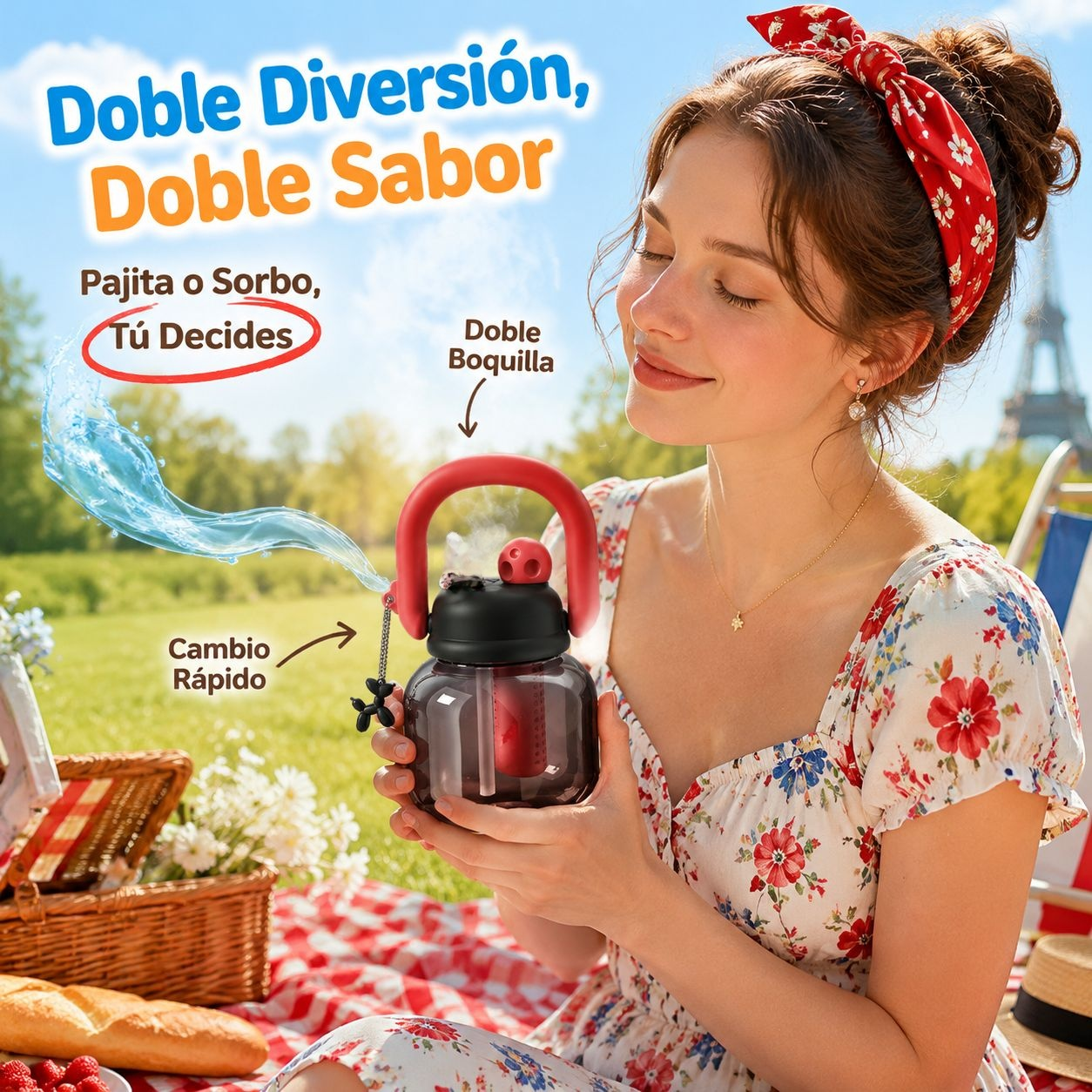 Botella de plástico con doble boquilla y asa, gran capacidad para niños y estudiantes