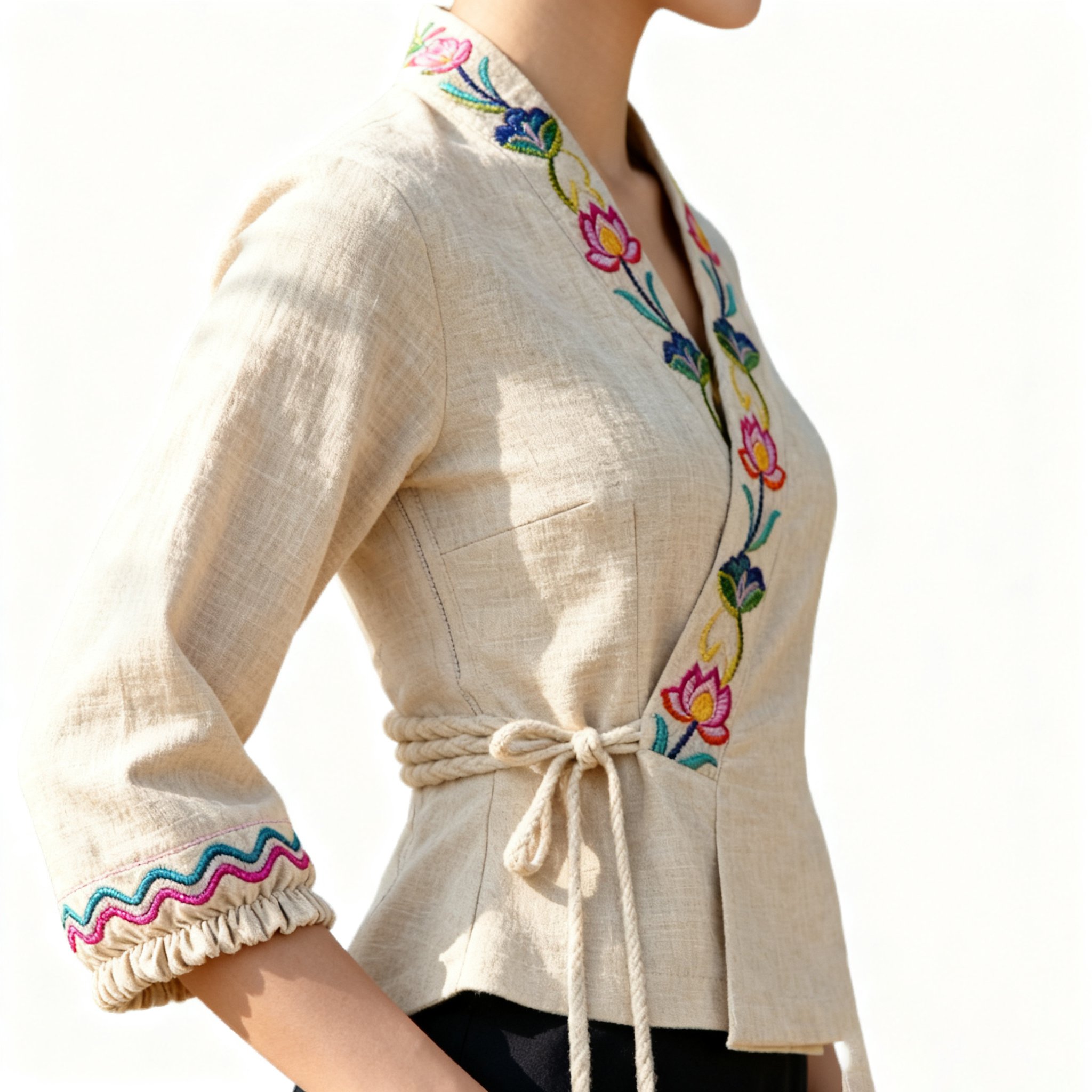 เสื้อผ้าผู้หญิงปักลายดอกบัวแขนสามส่วน