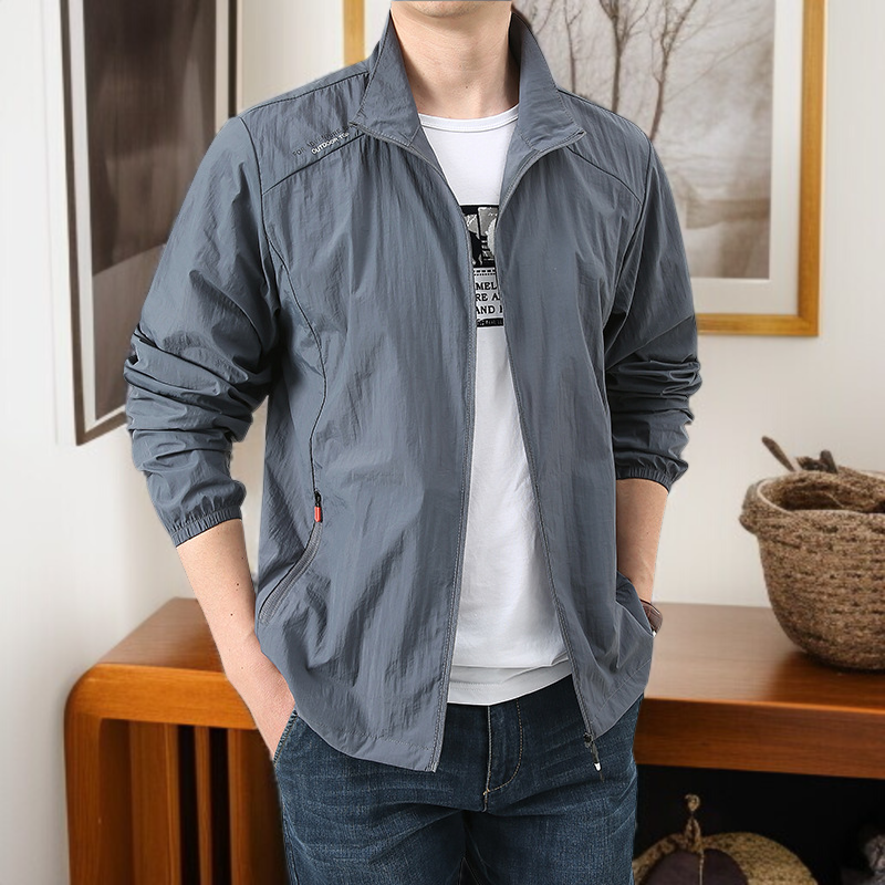 夏の屋外アイスシルク速乾日焼け止め服 薄手ジャケット スタンドカラー サンウェア 通気性アウター メンズ アウトドア サンウェア