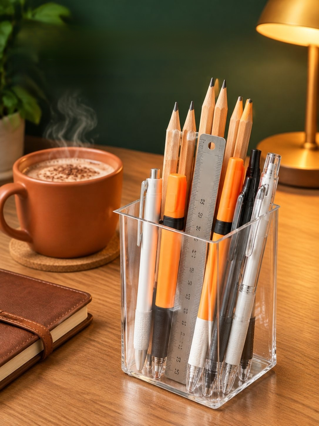 Organizador multifuncional de escritorio utilizado para útiles y decoración.