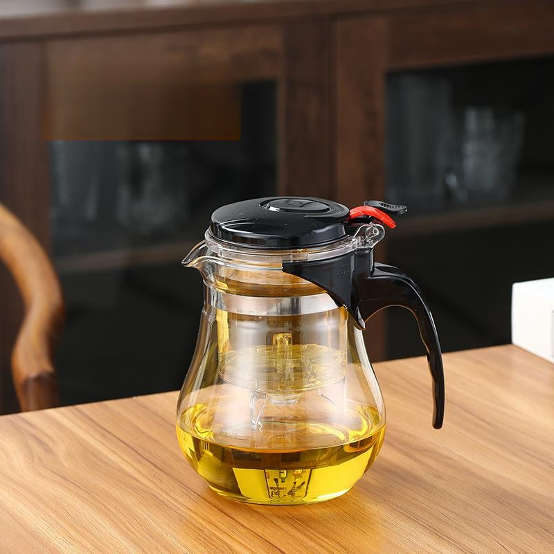 Hitzebeständige und explosionssichere Glasteekanne, Ein-Knopf-Filter, geeignet für Tee und Wasser