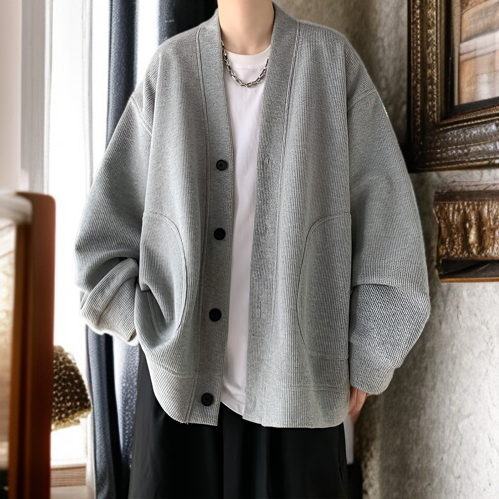 春と秋に着用する男性用のレイジースタイルのウールカーディガンジャケット、Vネックのアメリカンジャケットを備えた先進的な若々しいフードなしセーター