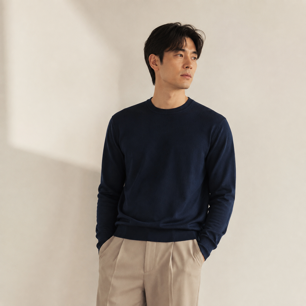 남성용 얇은 라운드넥 니트