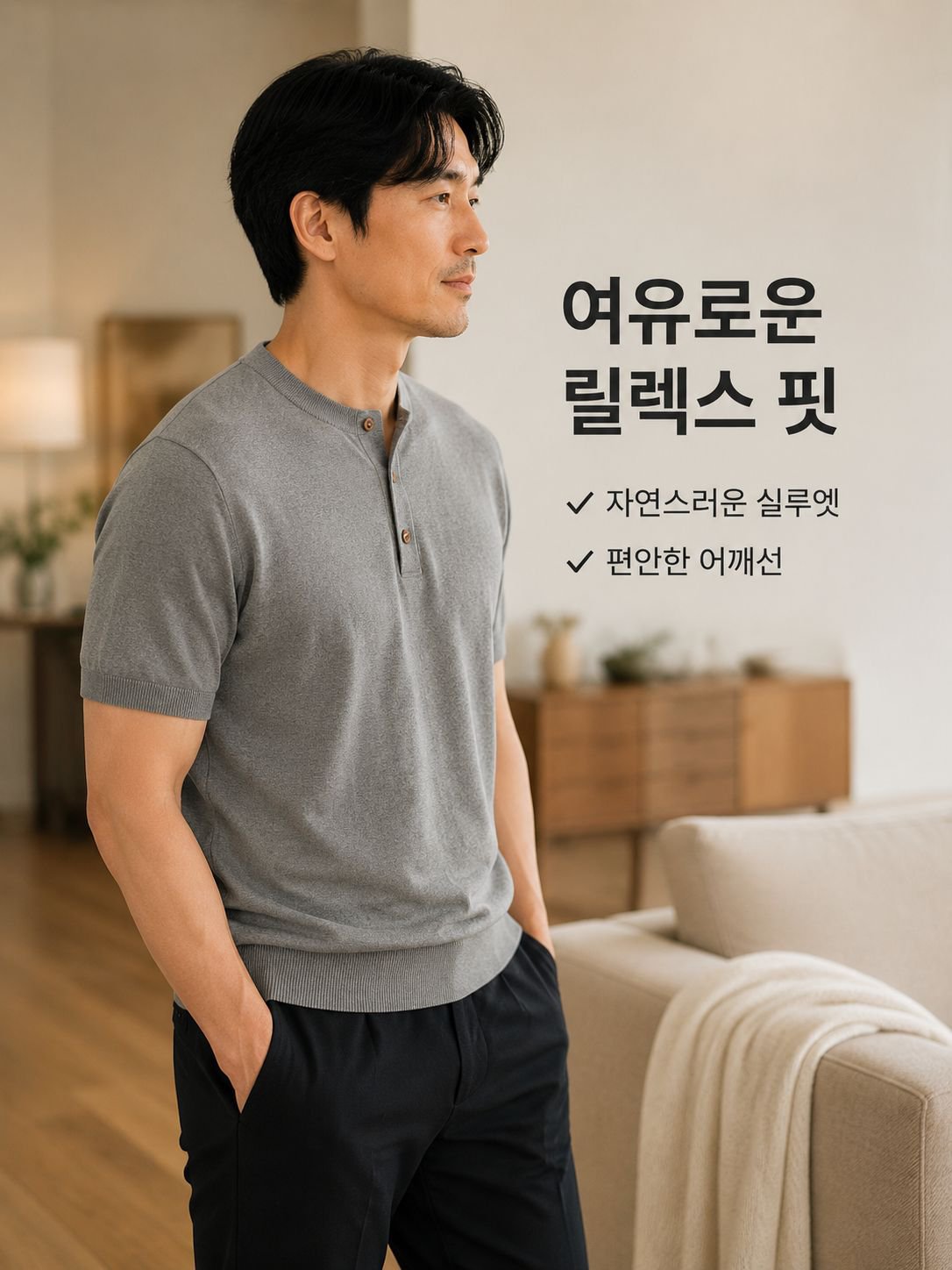 남성용 헨리넥 캐주얼 반팔 티셔츠