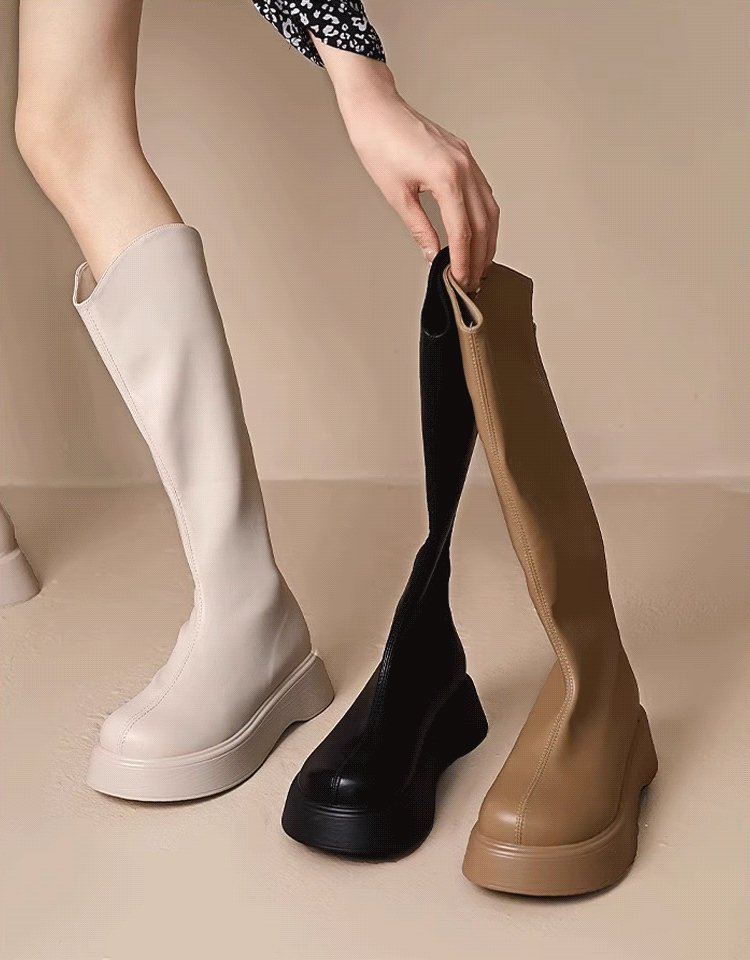 V 입후 바닥 슬림 가죽 부츠