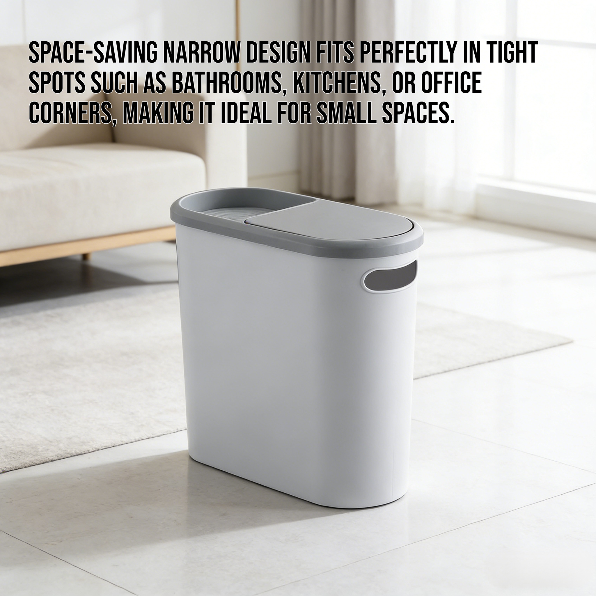 Push-button snap-on lid narrow-type trash can