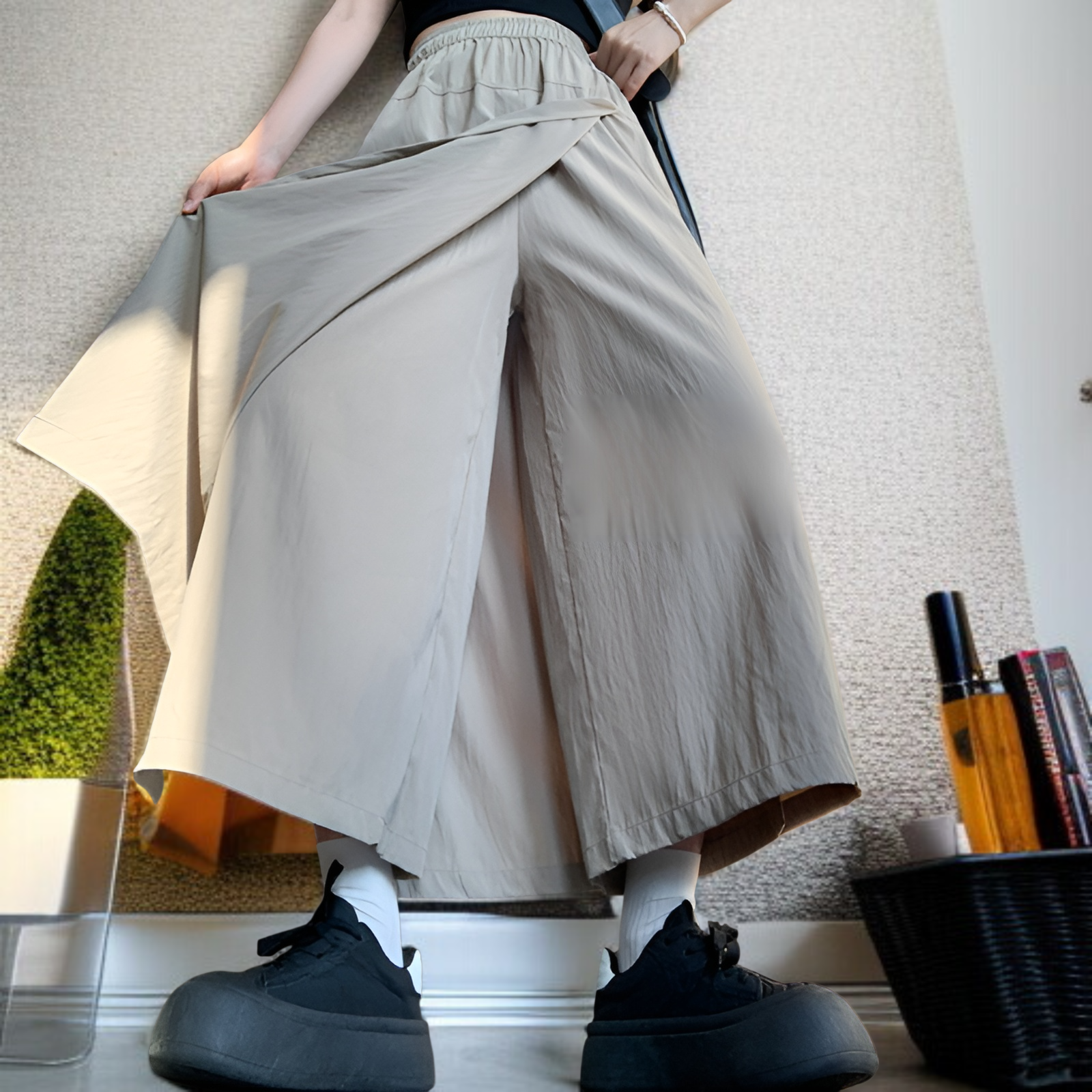 グレーヤマモトワークウェアスカートパンツレディース夏レディースハイウエストパンツAラインスプリットスカートパンツ小さいサイズアイスシルクワイドレッグパンツ