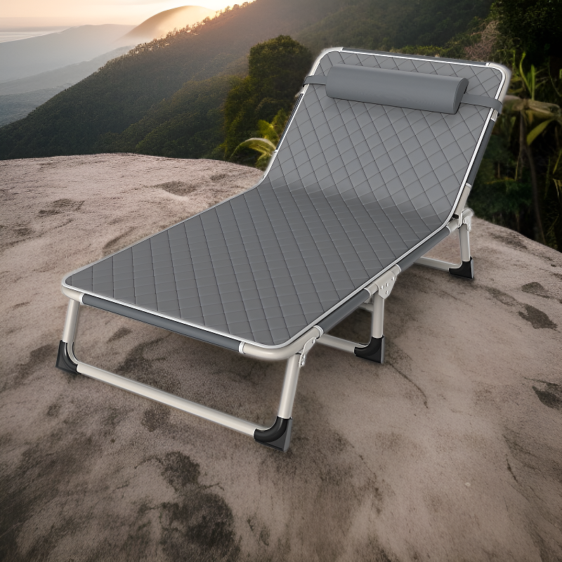 Cama portátil de tubo de hierro de tres pliegues para exteriores con almohada