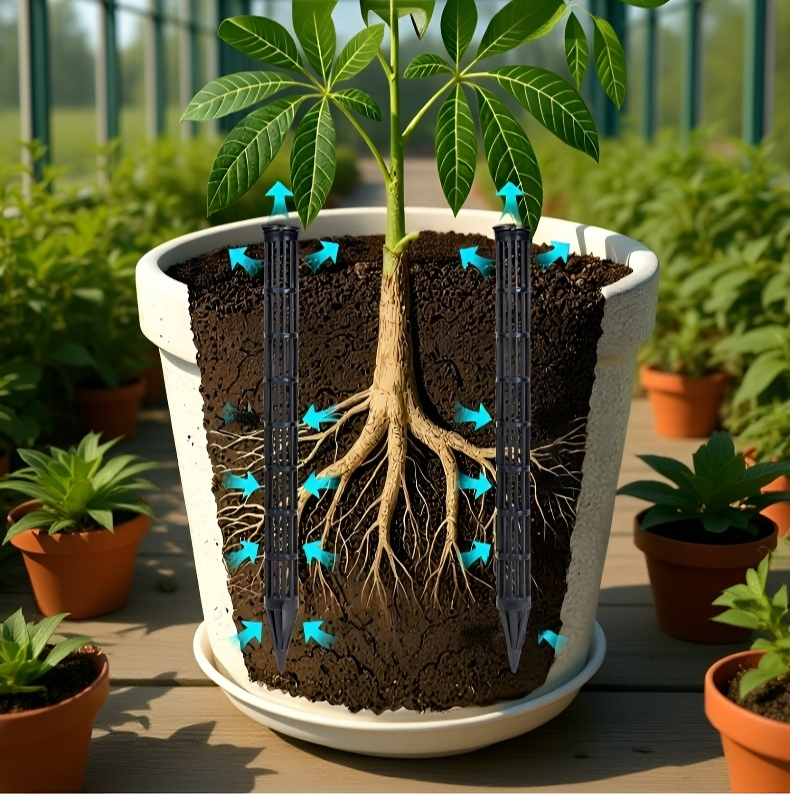 Prevención de raíces podridas en macetas con tubo de ventilación