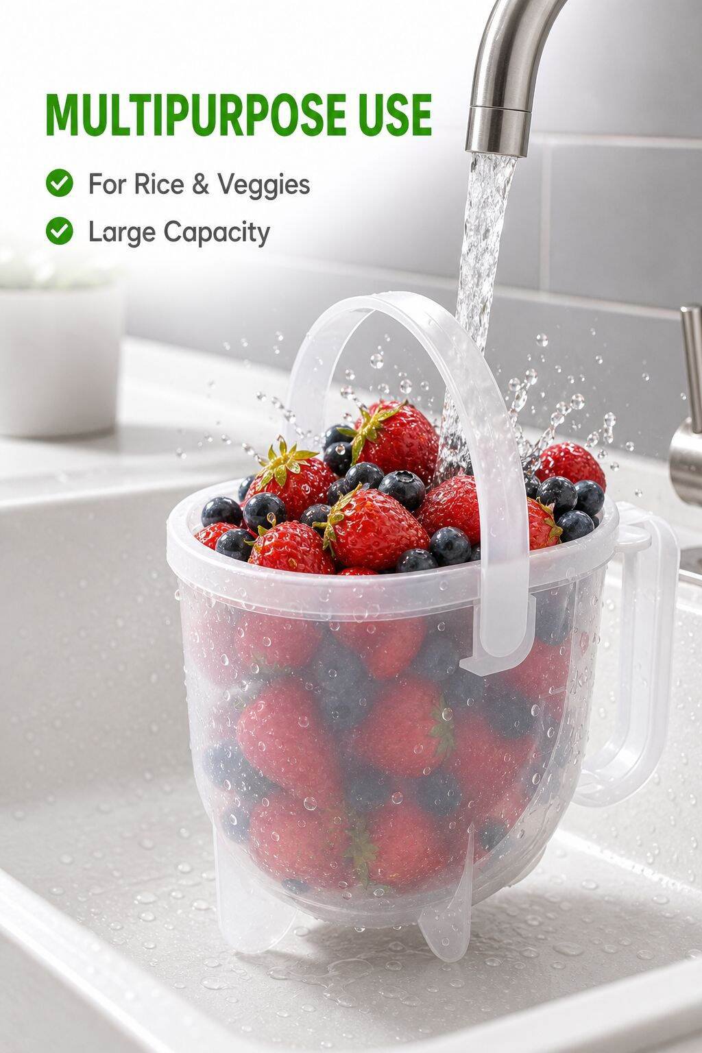 Hands-Free Rice Washing Strainer and Drain Basket
