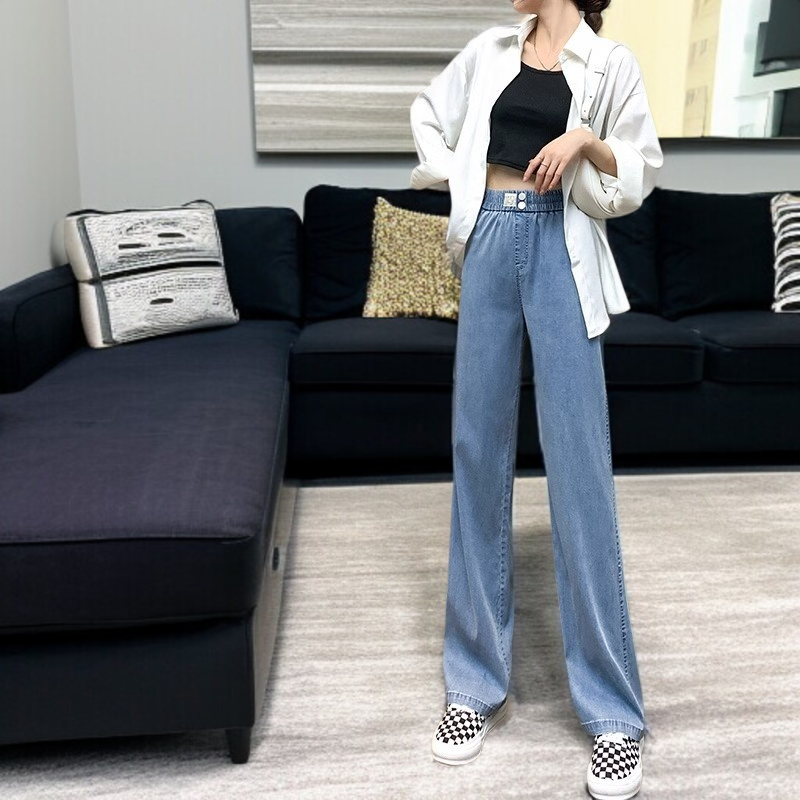 여성 여름 살코기 아이스 청바지 하이웨스트 와이드 얇은 아이스 원단 와이드 팬츠