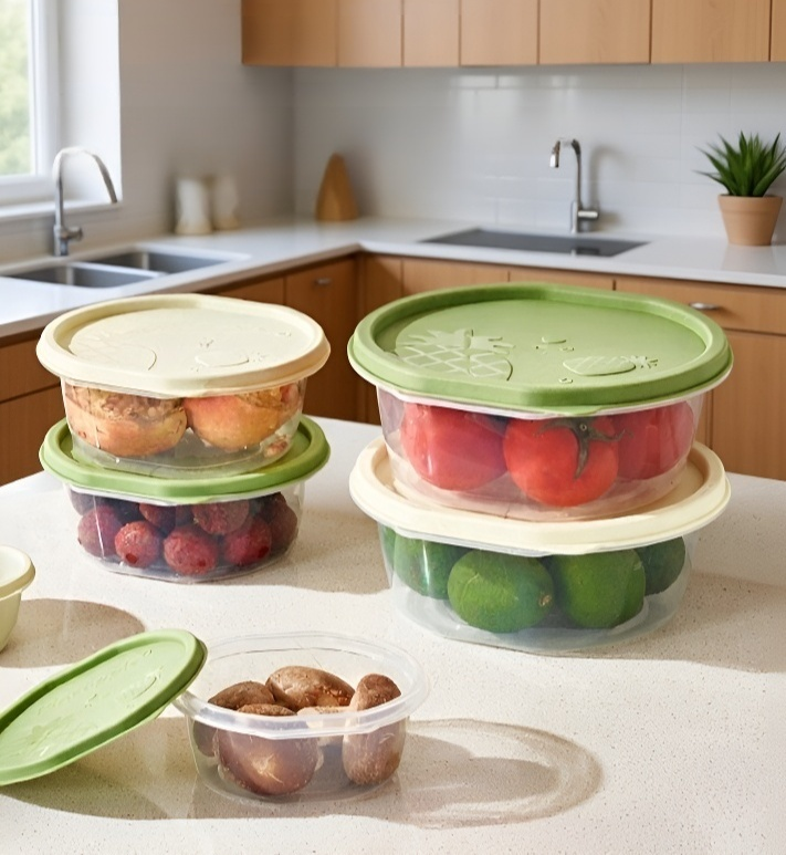 냉장고에 정리된 대형 투명 식품 보관 용기 이미지