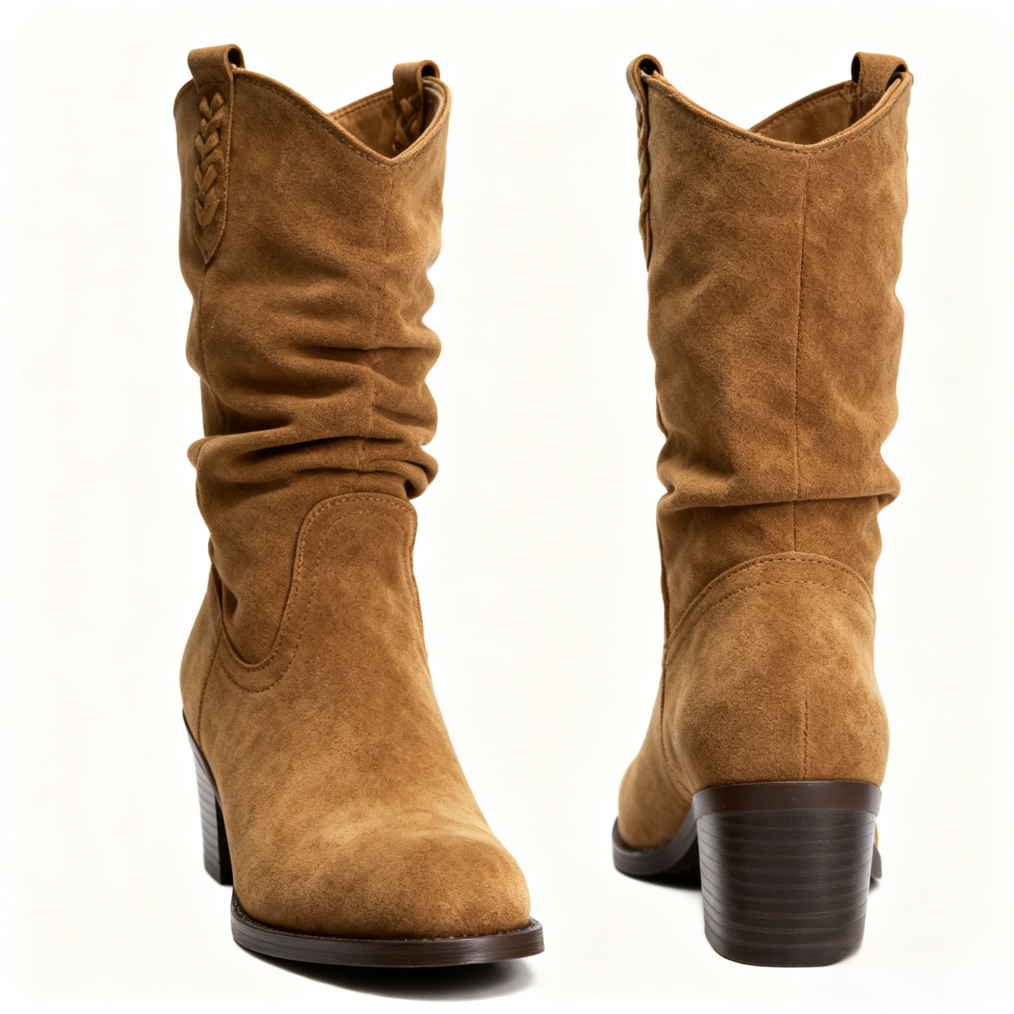 ポインテッドトゥのチャンキーヒールウエスタンカウボーイブーツ、レディースプリーツスラウチブーツ