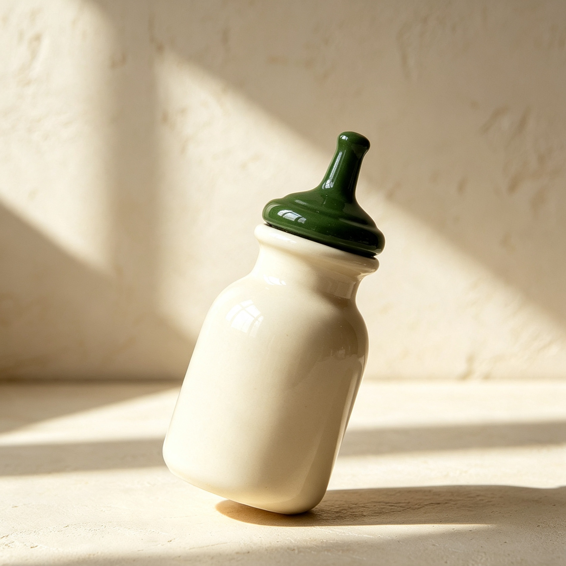 Close-up of enameled condiment bottle with stainless steel pour spout