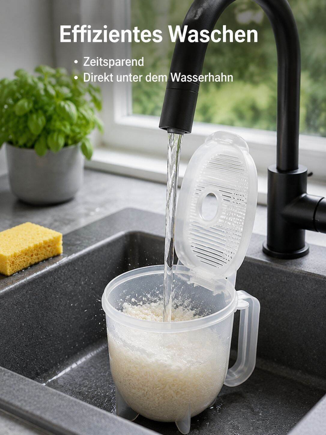 Freihändiger Reiskocher mit Abtropf- und Spülfunktion für Faule