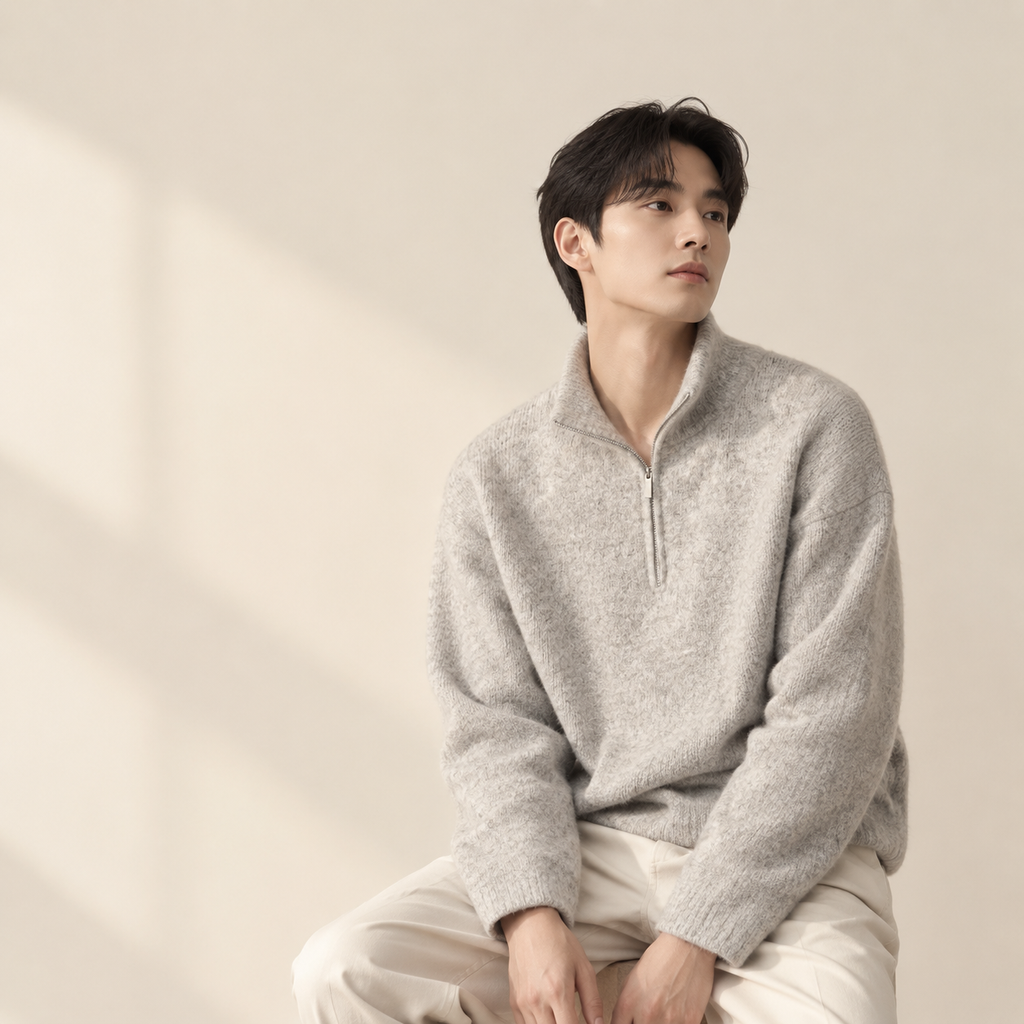 일본식 레트로 반집업 하이넥 니트 가을겨울