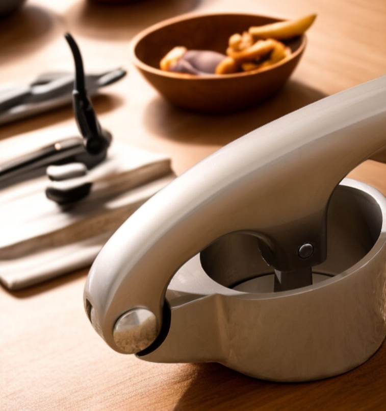 Detalle del mecanismo de prensado de la prensa de ajos