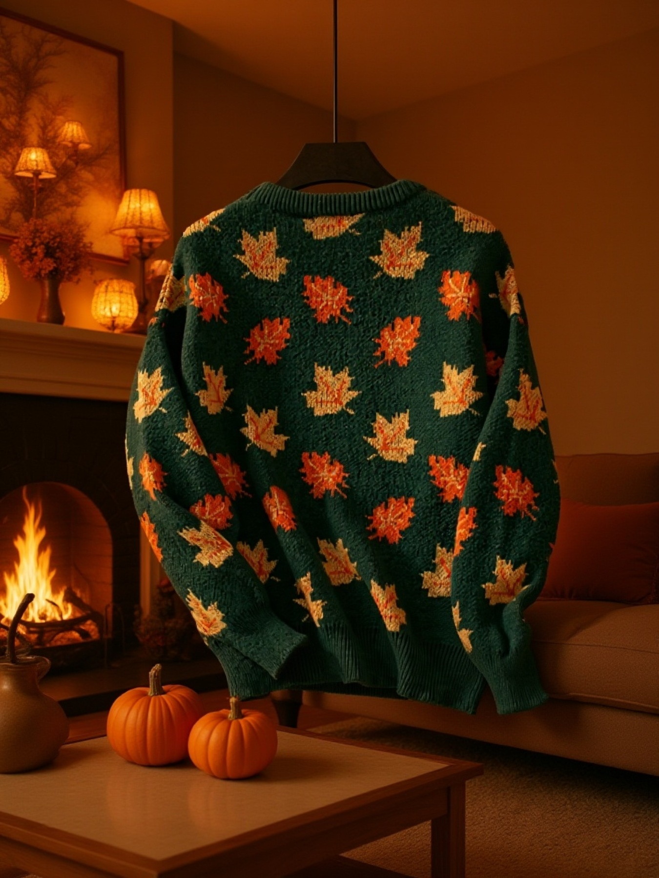 女性モデルが着るメープルリーフ柄セーター