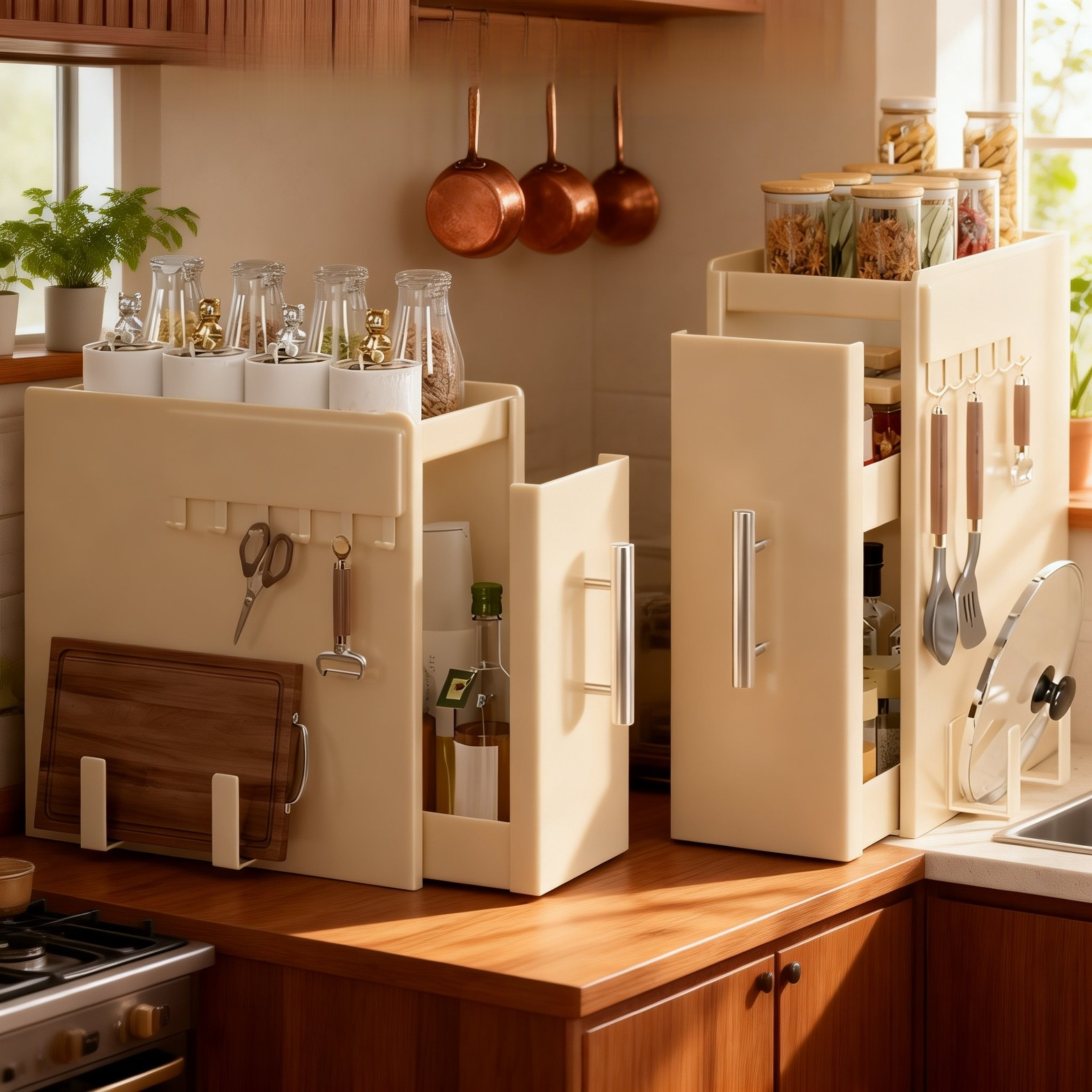 Staubgeschütztes, schmales Küchenregal aus Eisen mit Ausziehfunktion für Gewürze