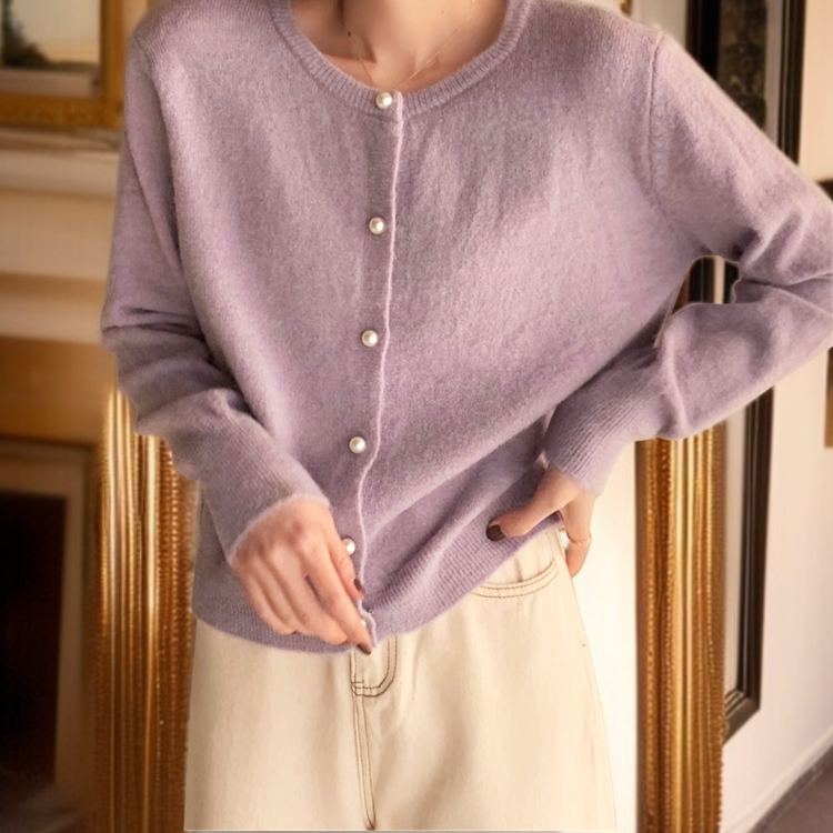 여성 니트 가디건 긴팔 솔리드 상의 진주 버클 여성 봄가을 라운드 니트 가디건 부드러운 니트 코트