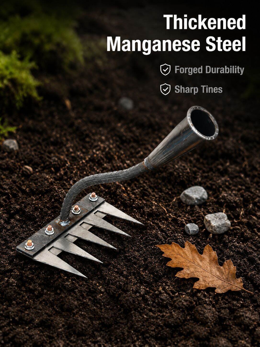 Thickened Manganese Steel Multi-Functional Rake with 1.2m Wooden Handle