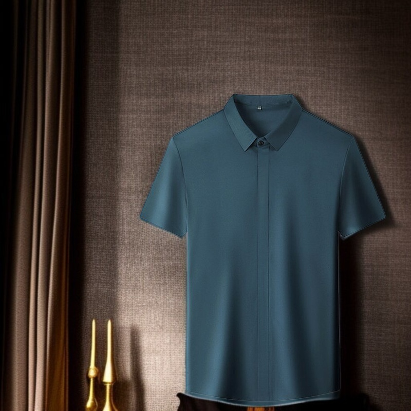 ビジネスメンズファッションシャツ 中年男性用ノンマーキング高弾性アイスシルク半袖シャツ サマーファッション・ビジネスシャツ
