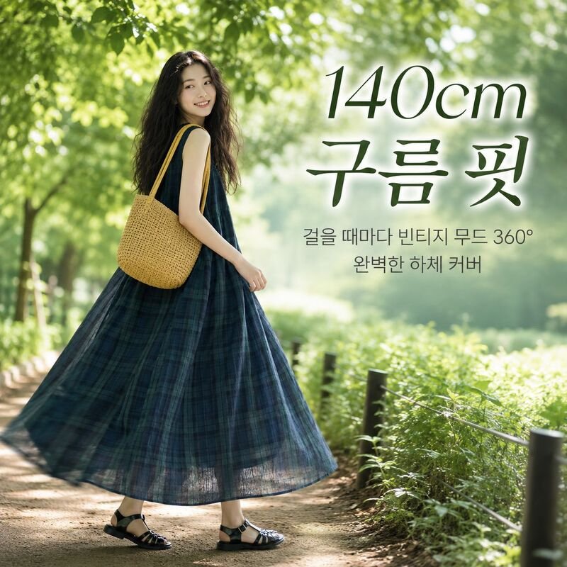 빅사이즈 체크 면마 프릴 민소매 드레스