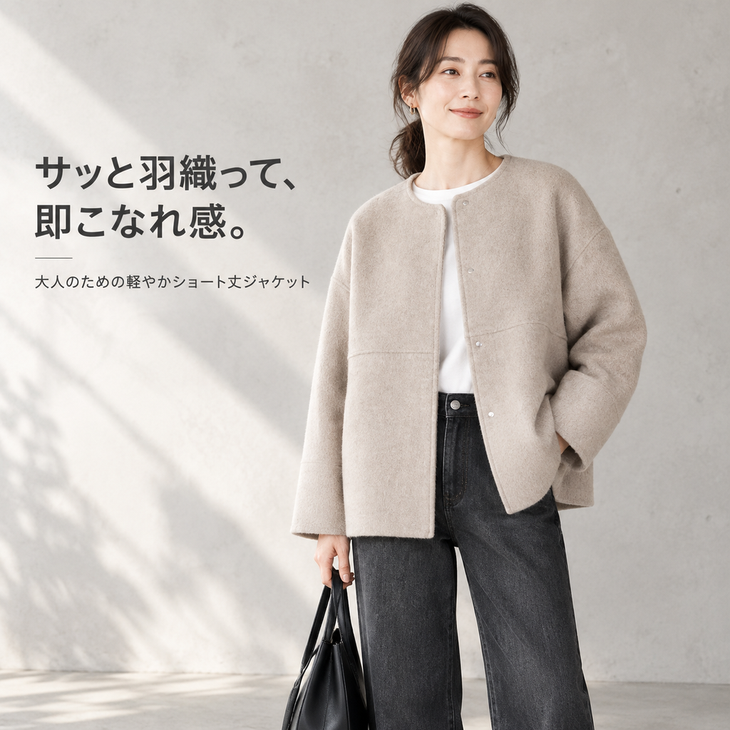 レディースシンプル丸首ウールショートジャケット