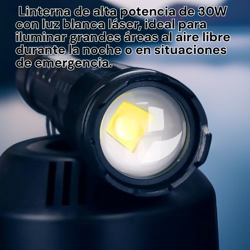 Linterna láser blanca de 30W, recargable por USB, para iluminación exterior