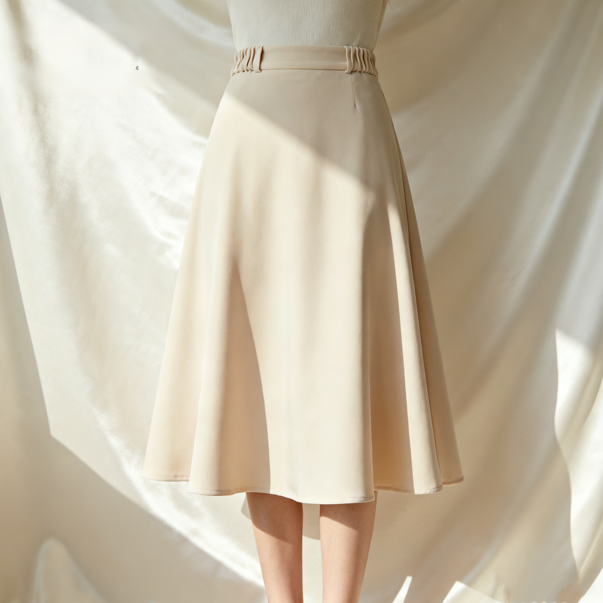 베이지 우아한 하이웨스트 미디 스커트