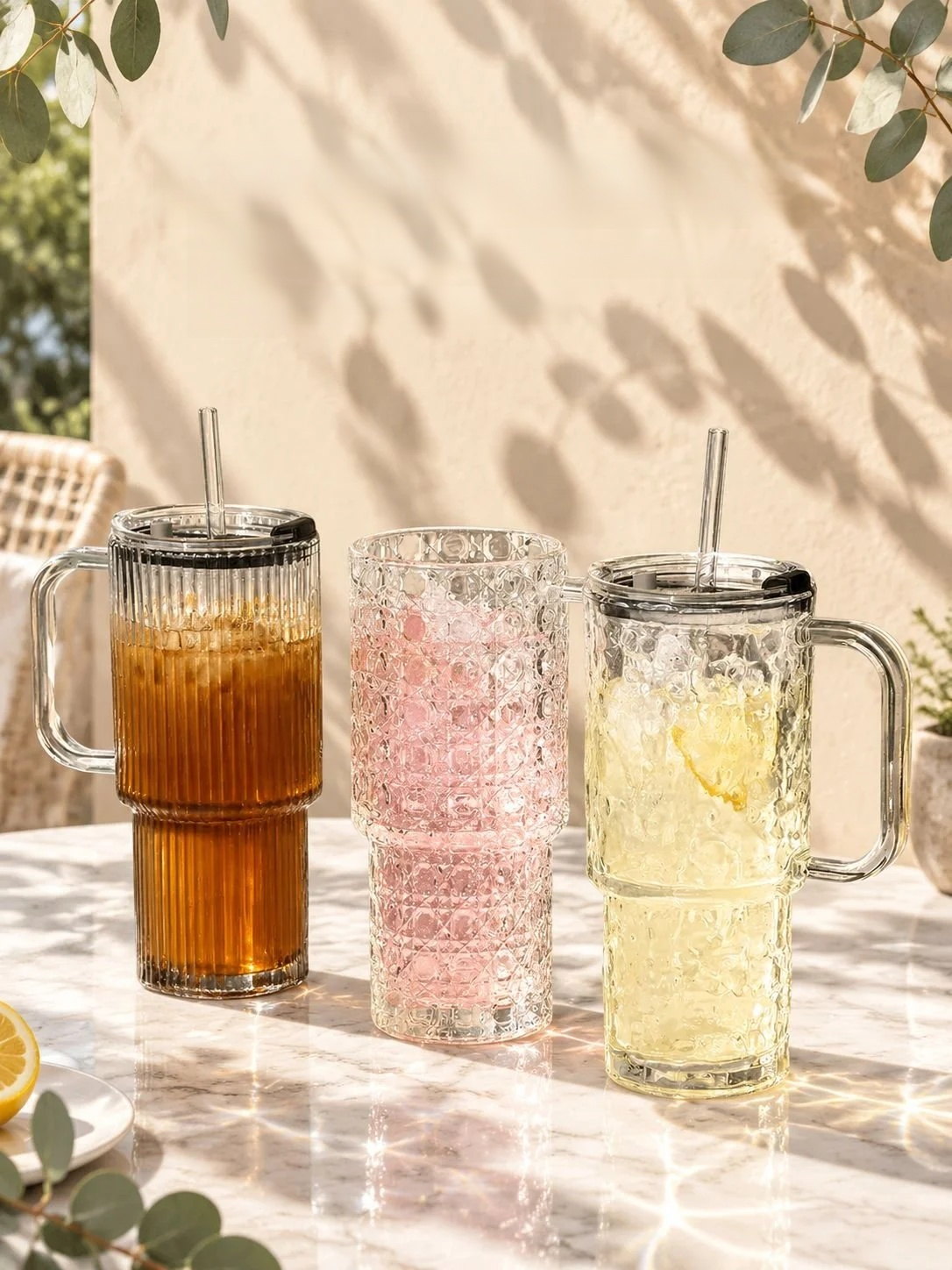 Glass tumbler with straw for home or travel
