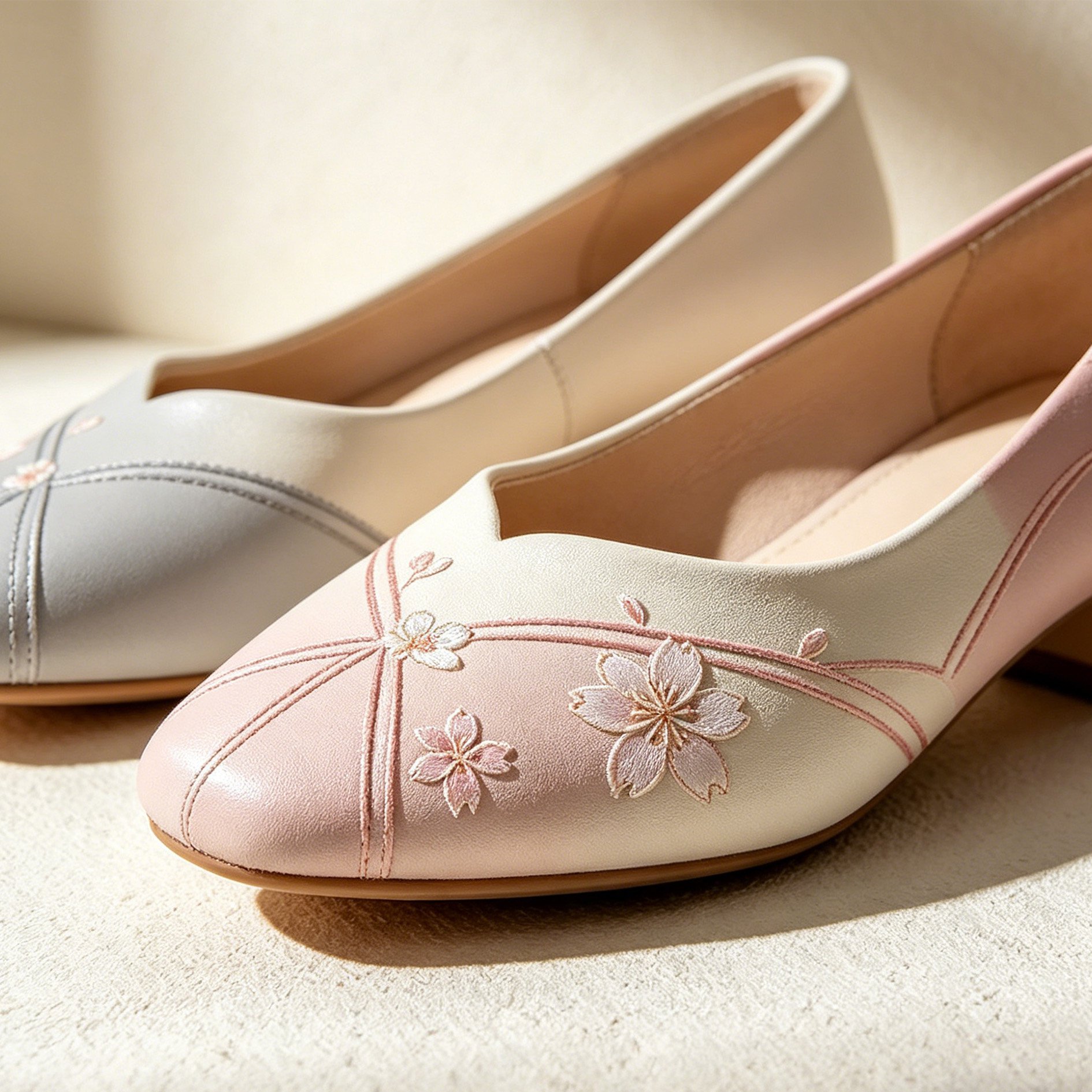 桜刺繍が施されたヒール部分のクローズアップ